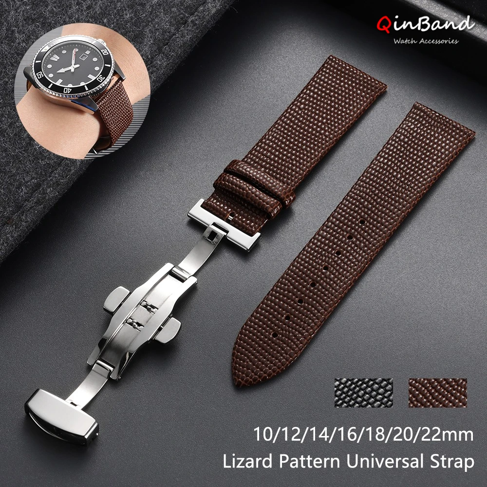 Lizard Pattern Calfskin Leather Watch Band 10/12/14/16/18/20/22mm for DW for Omega Cowhide Watch Strap Butterfly Buckle Bracelet