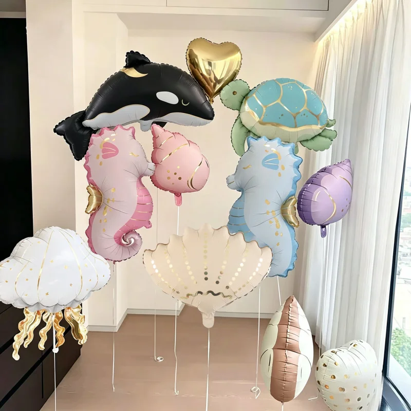 Balões de alumínio com tema oceânico fosco, estrelas-do-mar, conchas, águas-vivas, decoração para festas de aniversário, decoração escolar, decoração fantástica para casamentos.