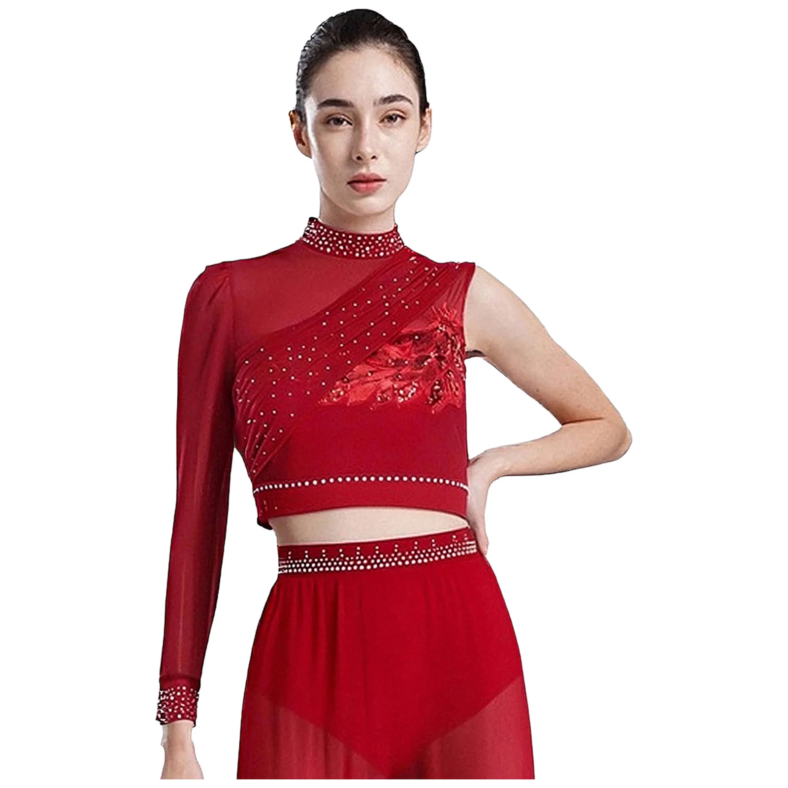 

Women Gymnastic Lyrical Dance Crop Tops Irregular Sleeve Back Open Rhinestones Sequin Embroidery Shirts Skating Modern Dancewear