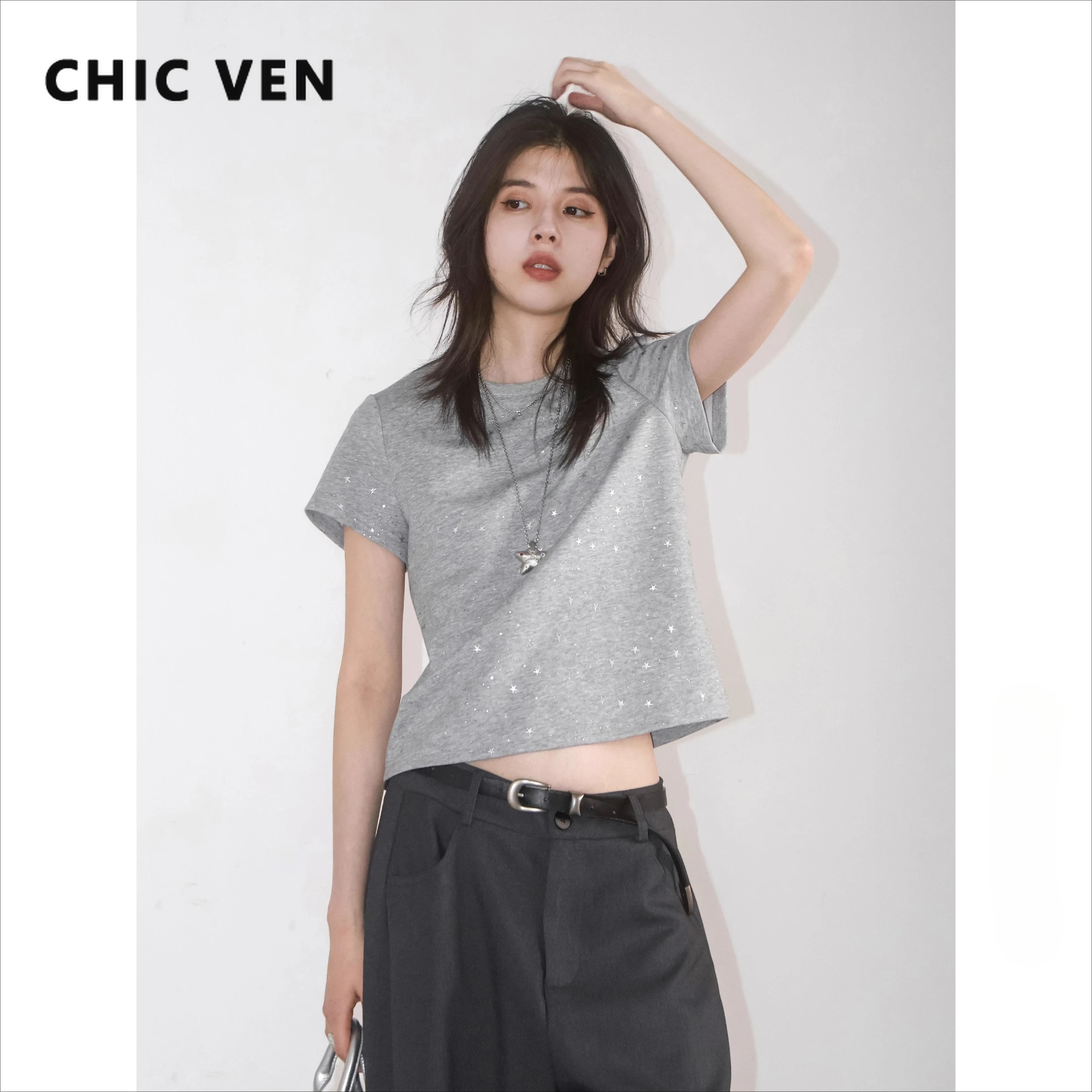 

CHIC VEN Korean Women T-Shirts Casual Star Drop Plastic Short Sleeve Tees Round Neck Grey Female Top for Woman Summer 2025
