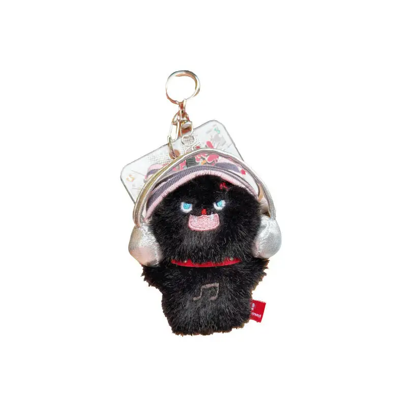 Anime Original Cute Black Hairy Kitten Cowboy Strap Pants Cat Couple Book Bag Pendant Keychain Plush Toy Pendant Gift for Girls