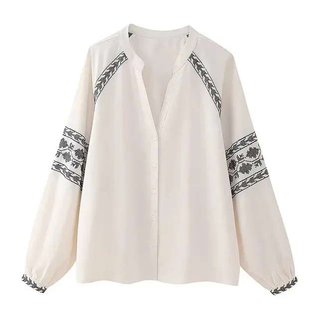 

New Summer Fashion Women Blouses Solid V-Neck Lantern Sleeve Embroidery Decorate Single Breasted Female Casual Loose Shirts