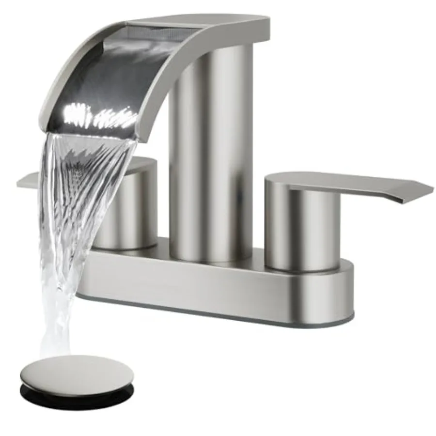 

4 Inch Centerset Waterfall Bathroom Sink Faucet Deck Mount 2 Handle Basin Faucets 2 or 3 Hole with Pop Up Drain Included Lavato