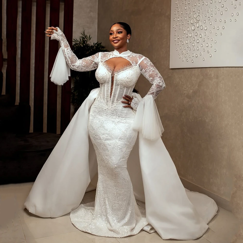 

Mermaid Wedding Dresses 2026 Luxury African Full Sleeve Beading Lace Bride Gowns Detachable Train Vestido De Noiva Customized