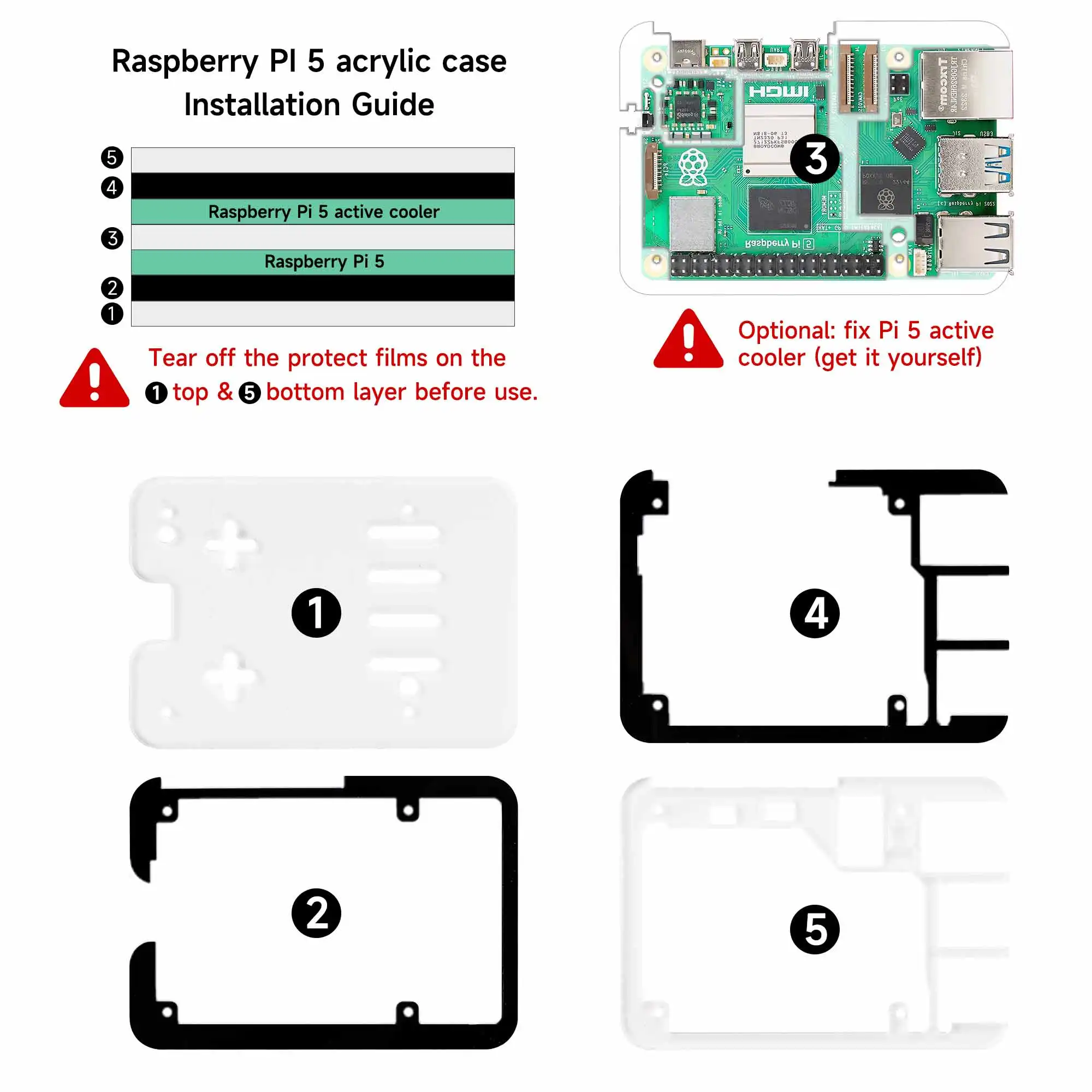 Raspberry Pi 5 Acryl Case Transparant En 5 Lagen Ontwerp Ondersteuning Voor Het Installeren Van Officiële Actieve Koeler