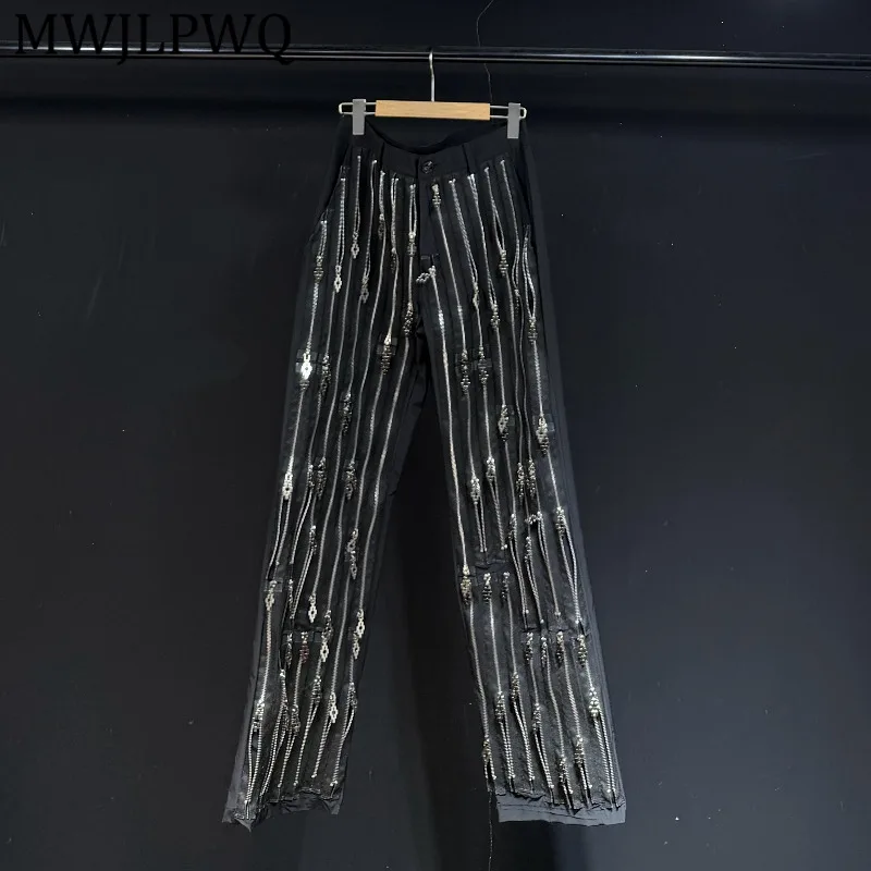 

MWJLPWQ Черные повседневные брюки с принтом и несколькими молниями, мужские свободные прямые брюки в уличном стиле, модные весенние брюки 13419