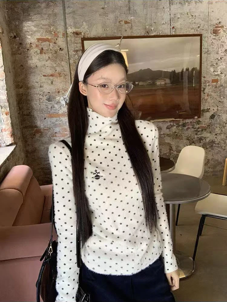 

Sweet Polka Dots Turtleneck T Shirt Women Winter Fleece Slim Embroidery Tees Y2K Japanese All Match Long Sleeve Pullover Mujer