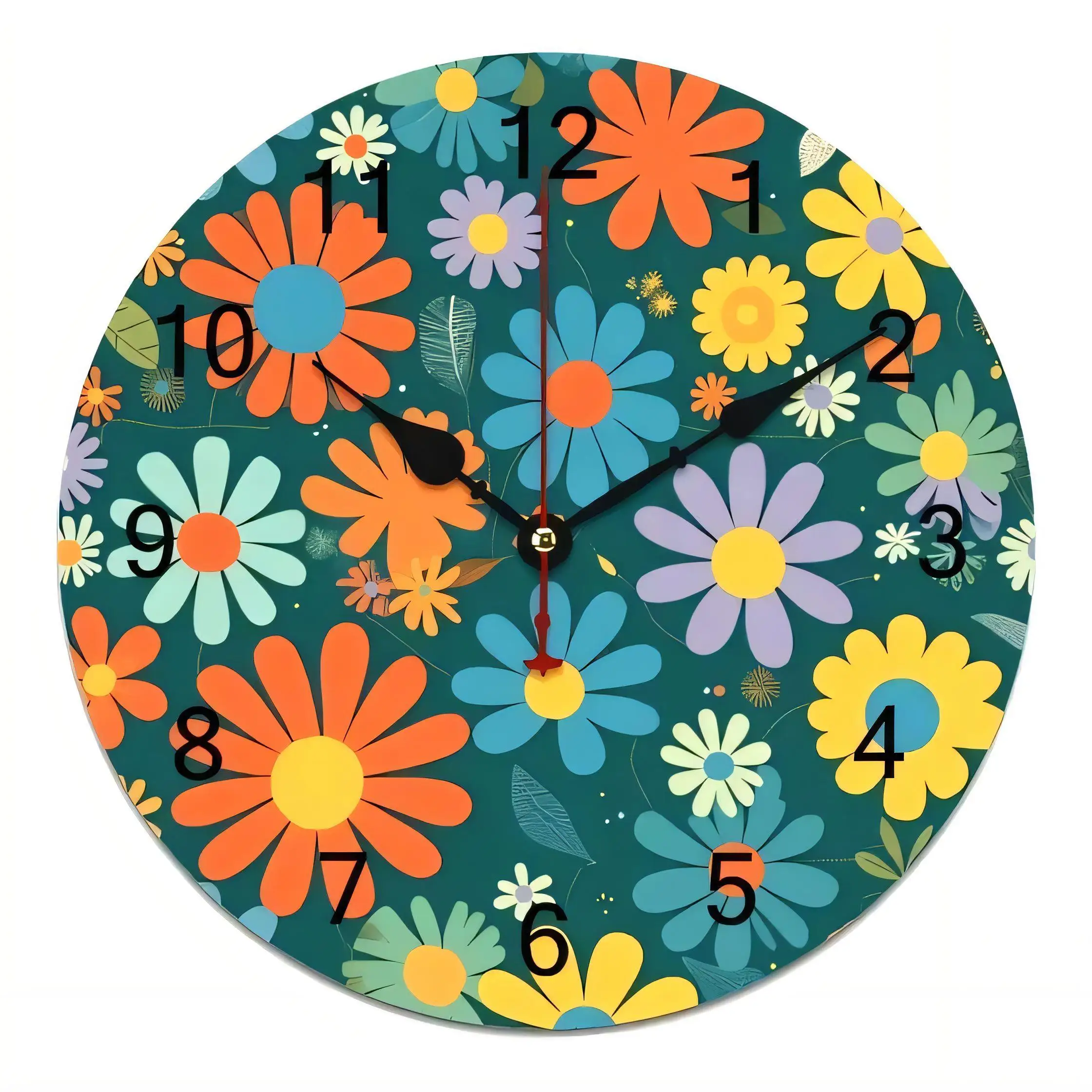 Vintage Round Wall Clock  Floral Teal Retro 10:10 Silent Non Ticking Battery Operated Home Decor Kitchen Living Room