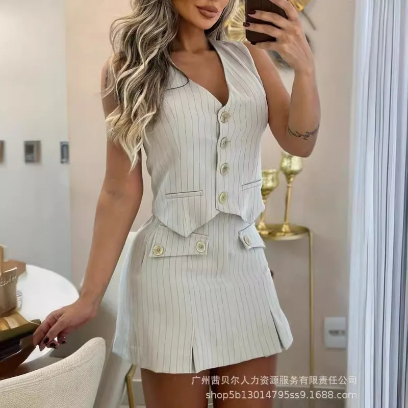 

Spring Summer Women's Clothing Creamy-white Striped Sleeveless Short Vest Suit False-Two-Piece Suit Temperament New Arrivals