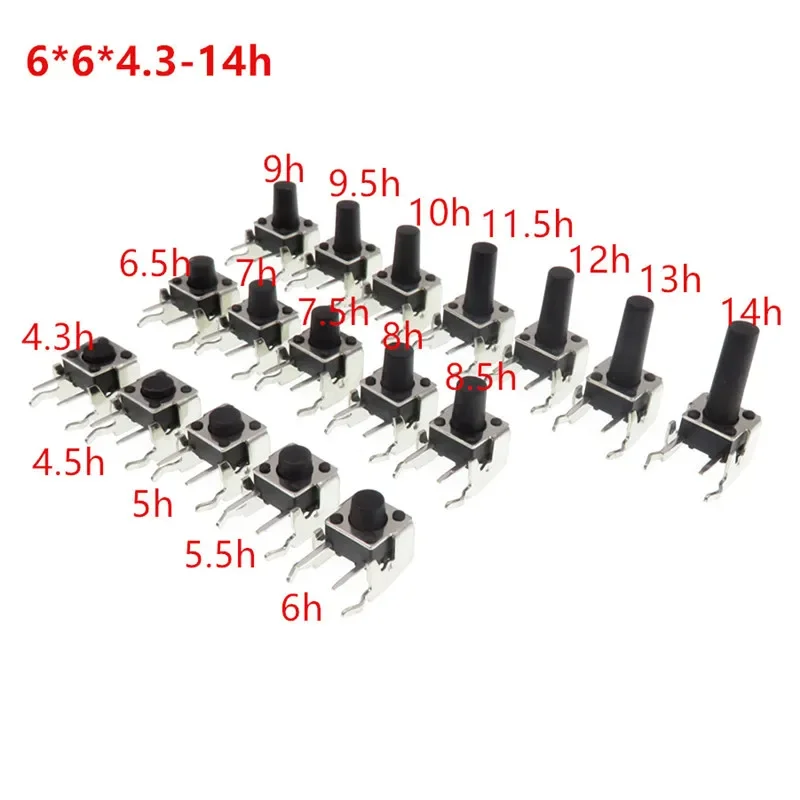 50pcs 6*6*4.3-14mm Panel PCB Momentary Tactile Tact  Push Button Switch Micro Switch Right Angle With stent 2 feet