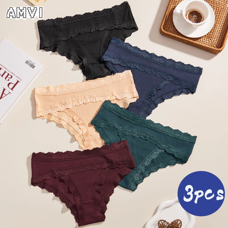 

Cotton Lace Trim Women's Trousers, Mid Waist Comfortable Elastic Panties, Summer Breathable Sweat Absorbent Women's Trousers