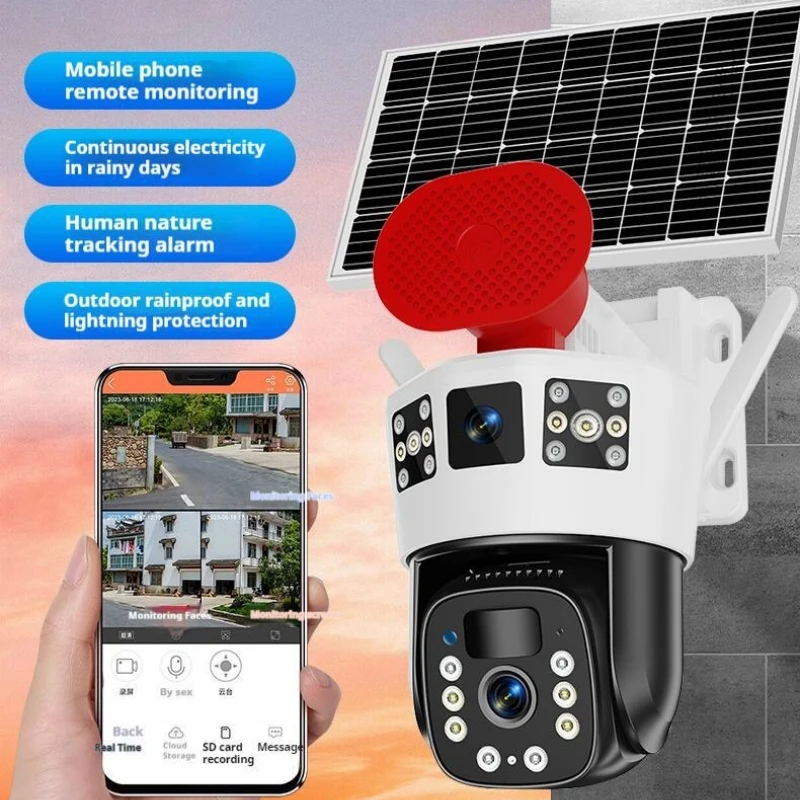 Cámara Solar Cámara de Vigilancia Solar con Panel Solar V380 4G WiFi Cámara de Doble Lente 360° 8MP 4K CCTV Recarga Seguridad Exterior Impermeable Batería Grande Seguimiento Automático