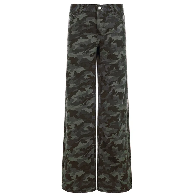 Stsss americano high street camuflagem impressão jeans feminino casual baixo aumento em linha reta perna larga calças jeans outono vintage