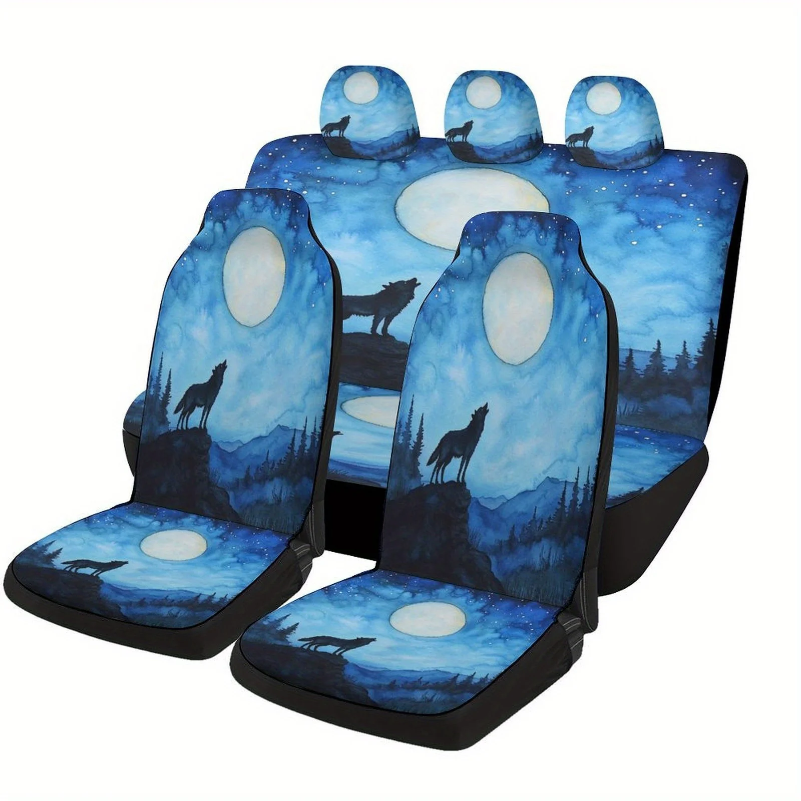 Car Seat Cover Set Featuring A Wolf Howling At The Moon, Suitable For Various Vehicles. Stylish And Custom-Made, These High-Qual