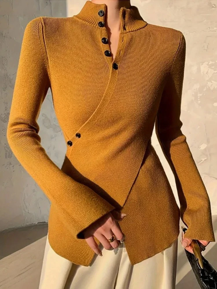 

Turtleneck Slim Fit Cross Pullovers Set Women Clothes Sueter Mujer Temperament Jumper Fashion Knitting Irregular Button Sweater
