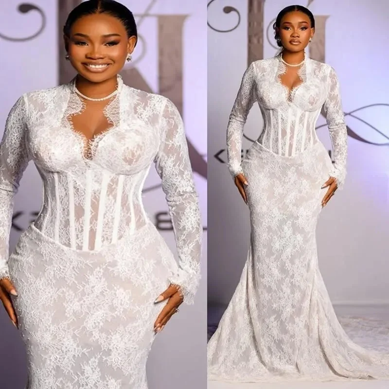 

Customized Plus Size Wedding Dress For Bride Mermaid Wedding Dresses Bridal Gowns Illusion Sheer Neck Long Sleeves Beaded Lace