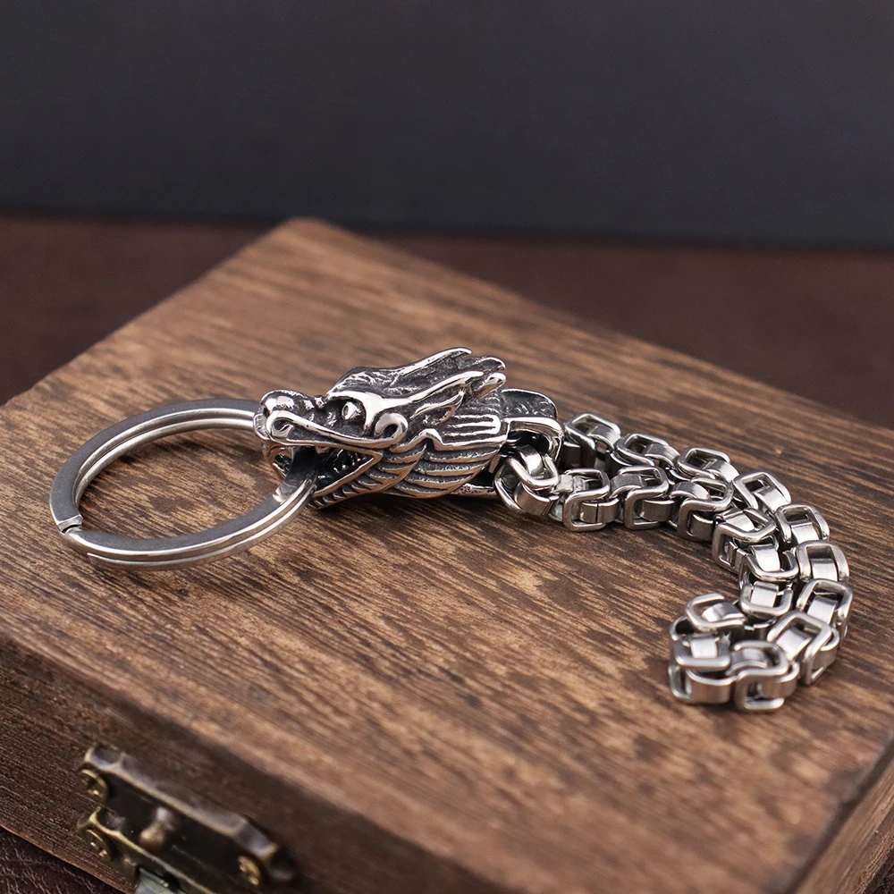 Stainless Steel Popular Chinese Dragon Men\'s Keychain Creative Viking Dragon Head Emperor Chain Keychains Jewelry Gift Wholesale