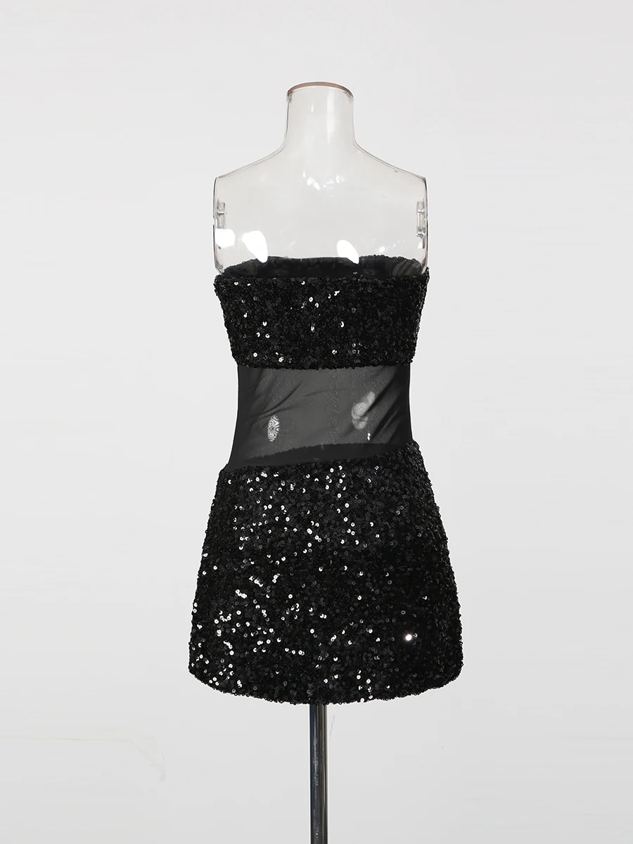 TWOTWINSTYLE Slimming Sheer Spliced Sequins Sexy Mini Dresses for Women Strapless Sleeveless Temperament Dress Female Clothing
