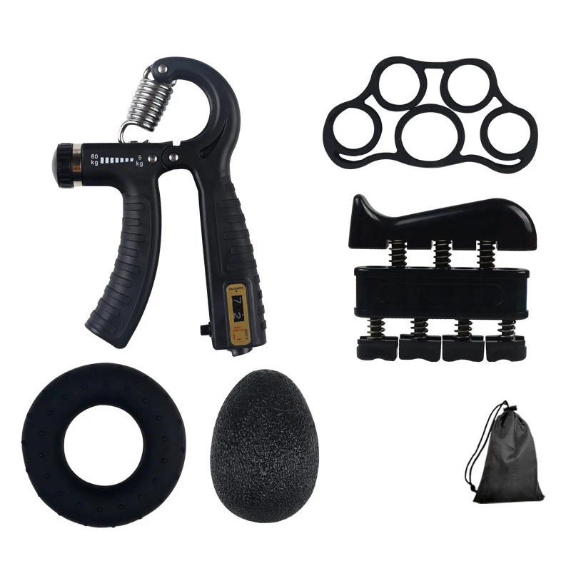 6-Piece Set (Adjustable Gripper + Finger Strength Device + Grip Ring + Five-Finger Trainer + Egg-Shaped Gripper + Storage Bag) Adjustable Automatic Intelligent Counting Gripper Finger Strength Trainer Forearm Muscle Exerciser Multi-Functional Arm Training Combination Set