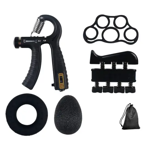 6-Piece Set (Adjustable Gripper + Finger Strength Device + Grip Ring + Five-Finger Trainer + Egg-Shaped Gripper + Storage Bag) Adjustable Automatic Intelligent Counting Gripper Finger Strength Trainer Forearm Muscle Exerciser Multi-Functional Arm Training Combination Set
