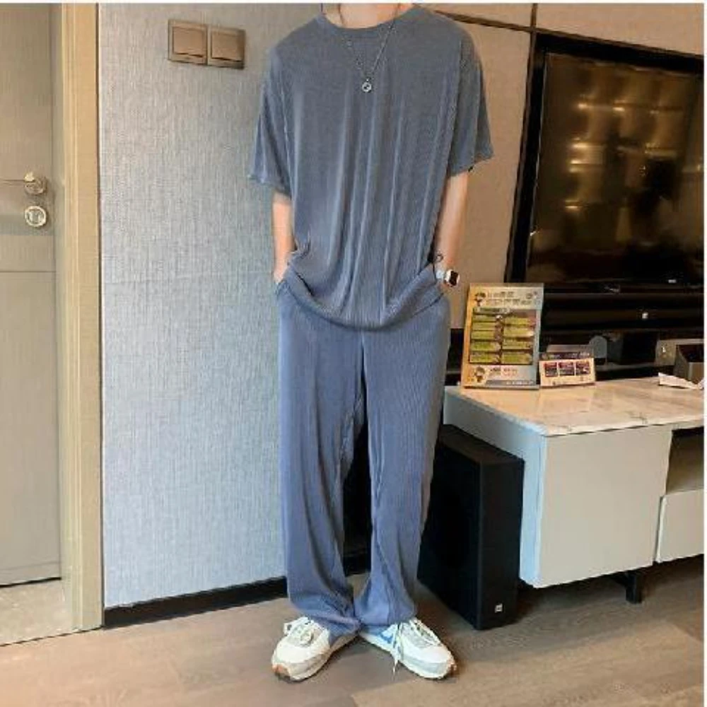 Summer Ice Leisure Sports Suit Men\'s Trend Fashion Ice Men\'s T-shirt Korean Relaxed Drape Short Sleeve+Trousers Set