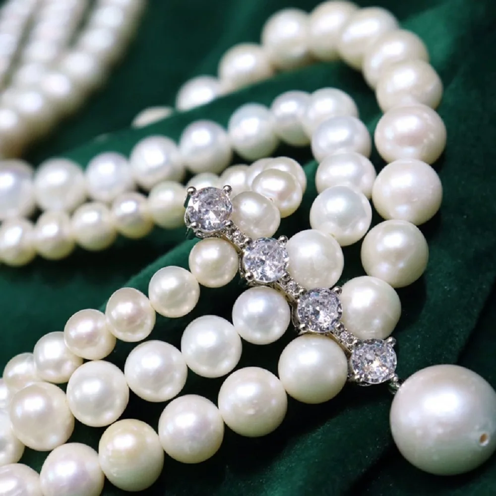 3-Row Natural Pearl AAA 6-8-9mm Japanese Round Pearl Necklace 17* 18*19inch 925s Other Sizes Contact Customer Service