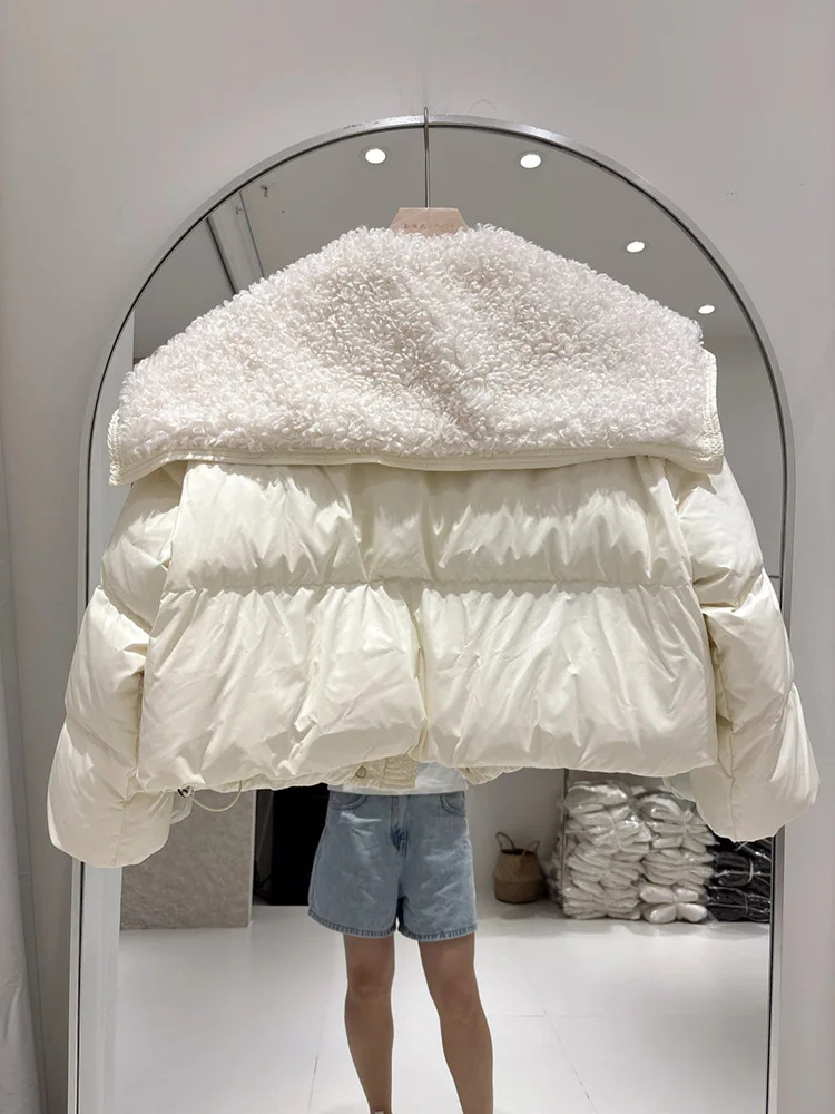 Winter new lamb down jacket women's short style cow horn buckle fashionable versatile white duck down splicing jacket