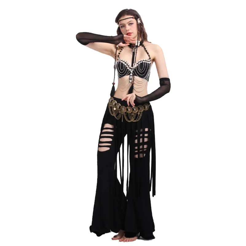 Stage performance women Tribal Style Belly Dance Costume 4 Pics Top &Tassel Tribal Pants&Bronze Belt&Shell Headdress&Arm Sleeve