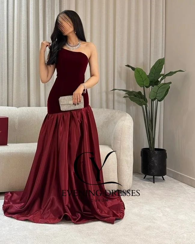 CUYUN عنابي بدون حمالات ثوب مسائي المملكة العربية السعودية المخملية والتفتا فساتين لحضور الحفلات الموسيقية الطويلة مخصصة شبه حورية البحر ثوب الحفلات #3