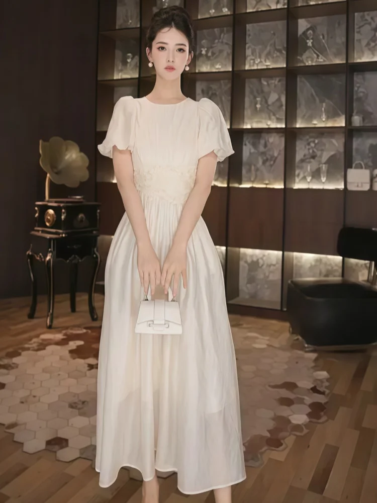

Elegant High Waist A-Line Dress Tea Color Gentle Summer Outfit round Neck Short Sleeve White Long Dress for Daily Wear