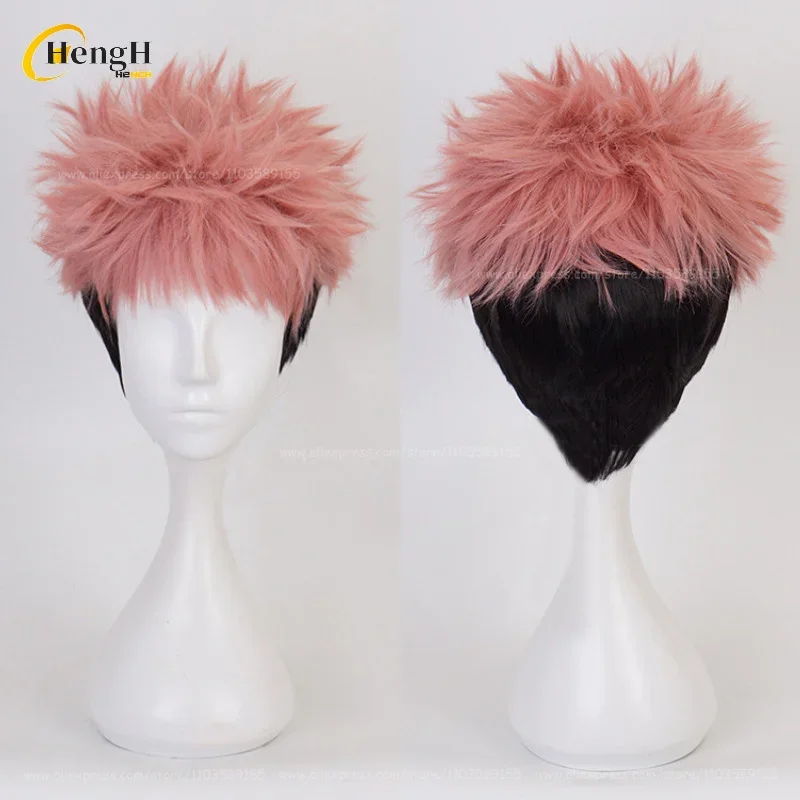 2 Styles Itadori Yuji Anime Synthetic Unisex 30cm Pink Orange Gradient Black Cosplay Wig And Stickers Heat Resistant Hair Wigs