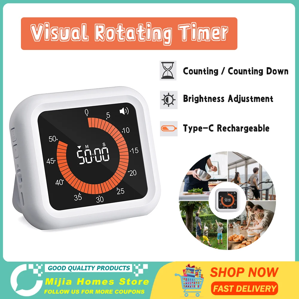 

Новый вращающийся таймер, бесшумный визуальный аналоговый таймер для детей и взрослых, счетчик часов оповещения для кухни в помещении, для чтения комнаты, менеджер по времени