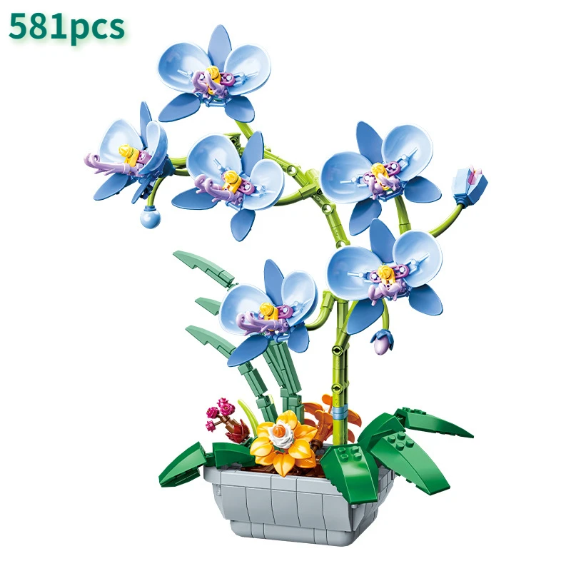 Butterfly, orchid, potted plant, building block bouquet, eternal flower, living room decoration, assembly of building block toys