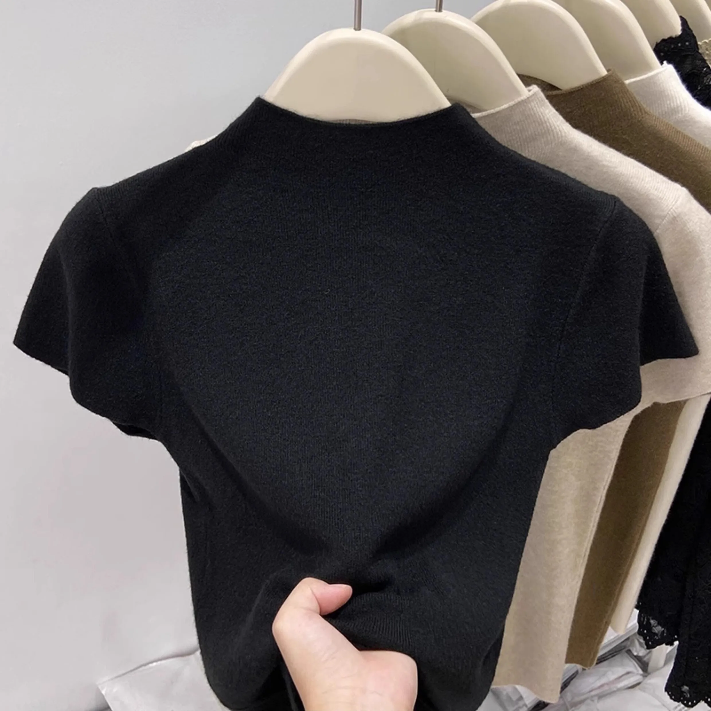 2026 Spring Summer New Women Turtleneck Flutter Sleeve Knit Short Sleeve T-shirt Slim Elegant Basic Layering Tops