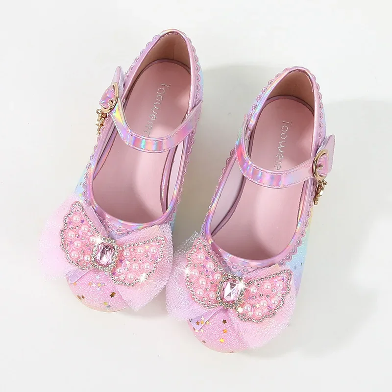 Spring Children High Heels Leather Shoes Fashion Glitter Rainbow Princess Shoes for Girls Kids Party Wedding Dress Single Shoes