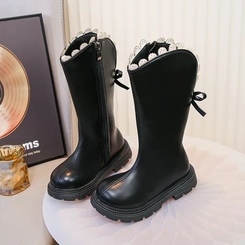 new Fall Winter Girls High-top Soft-soled PU Leather Boots Anti-slip Warm Lace Long Boots children Comfortable Kids Riding Boots