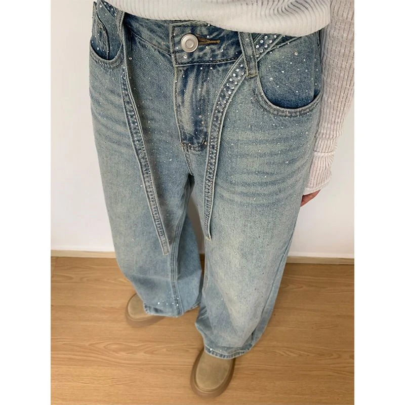 

Женские сверкающие широкие джинсы со звездами и высокой талией, летние персонализированные брюки, повседневные брюки для девочек, женские уличные брюки