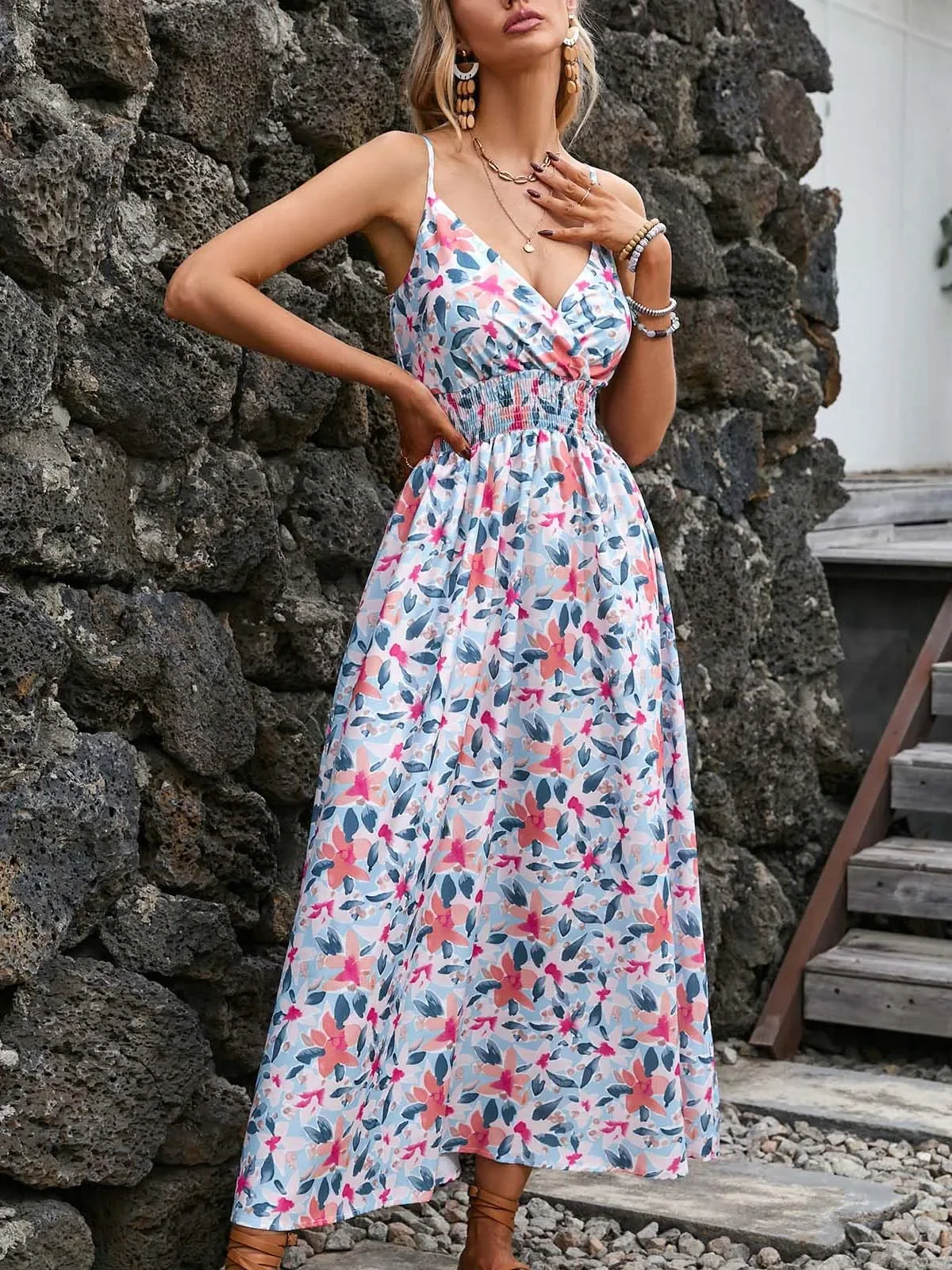 Bohemian Printed V-Neck Dresses Mid Length Floral Women Fashion Slim Slip Dress Streetwear Daily Sexy Lady Spring Summer