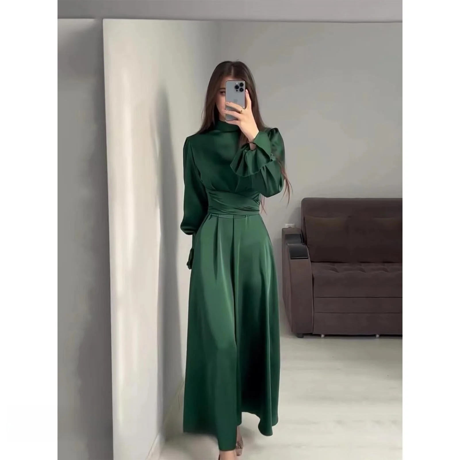 Long Sve Waist Tied Bubble Sve Dr Commute Sle High Waist A-Line Long Dr  Color f High Collar Dr