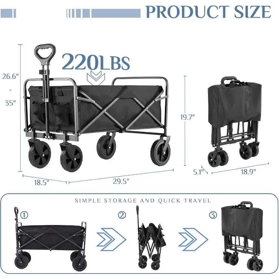 折りたたみ式30インチ食料品カート（車輪付き、調節可能なハンドルとブレーキ付き、ビーチ、庭、キャンプ、スポーツでの携帯用）