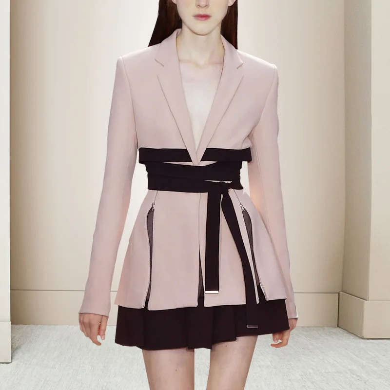 

Pink Women Suits Set Blazer With Skirt Belt Elegant Mini Prom Dress 2 Pieces Formal Business Office Lady Jacket In Stock