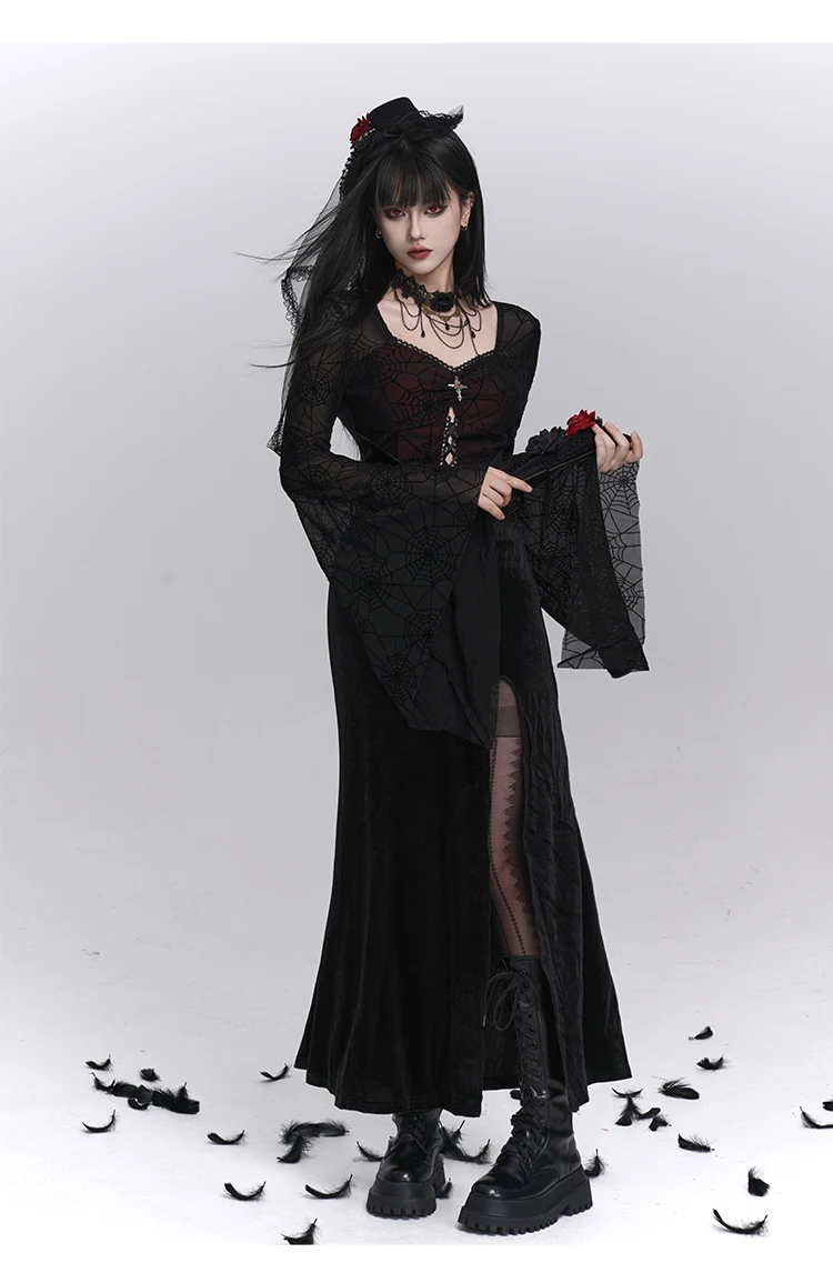 ثقافة فرعية فتاة الظلام القوطية زي الهالوين التأثيري فساتين الجوف خارج متوهج كم مثير شق Bodycon فستان أسود طويل المرأة