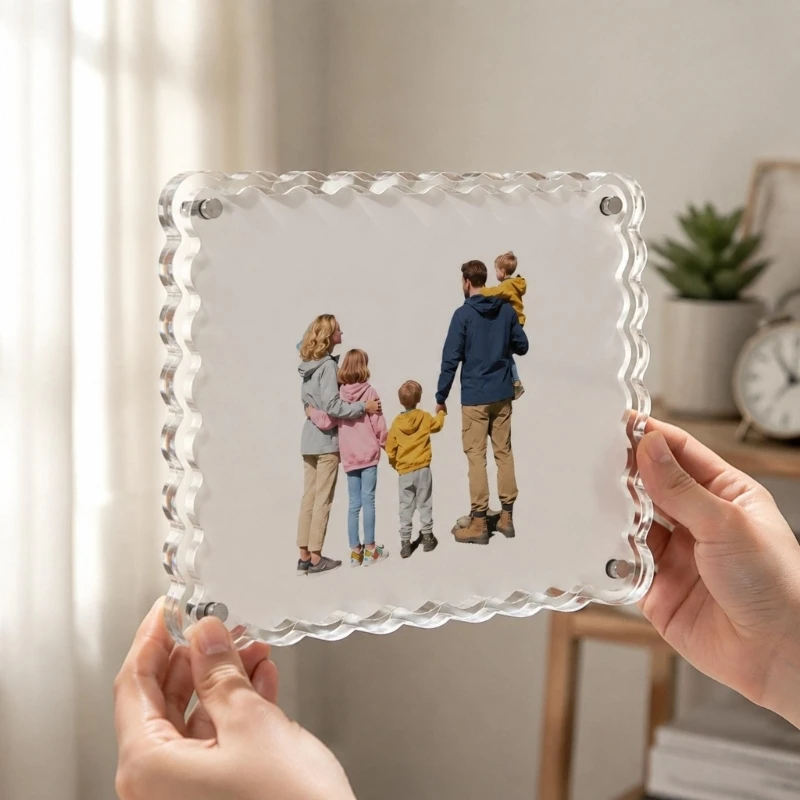 Clear Acrylic Photo Frame with Scalloped Edges, Easy Insert Change, and Freestanding Tabletop Display B03E