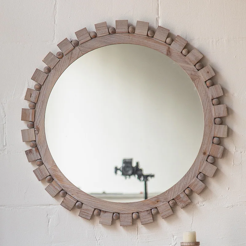American round cedar makeup mirror, vintage artsy INS style bedroom hanging mirror, entrance hall guesthouse personalized mirror