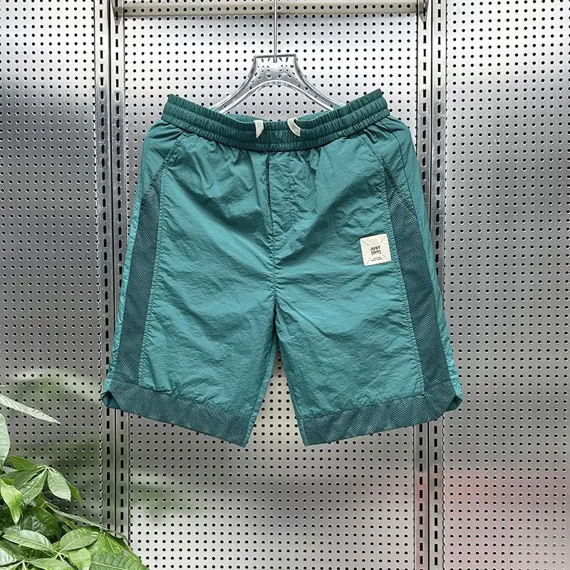 Moletom retrô solto masculino, monocromático, cordão de gaze, bolsos de cintura alta, elástico, moda casual, shorts verão