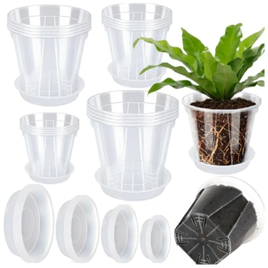 

16Packs Clear Nursery Pots with Drainage 4Sizes Plastic Garden Plant Pot with Trays 4 4.7 5.5 6.3 inch for House Plants Flower