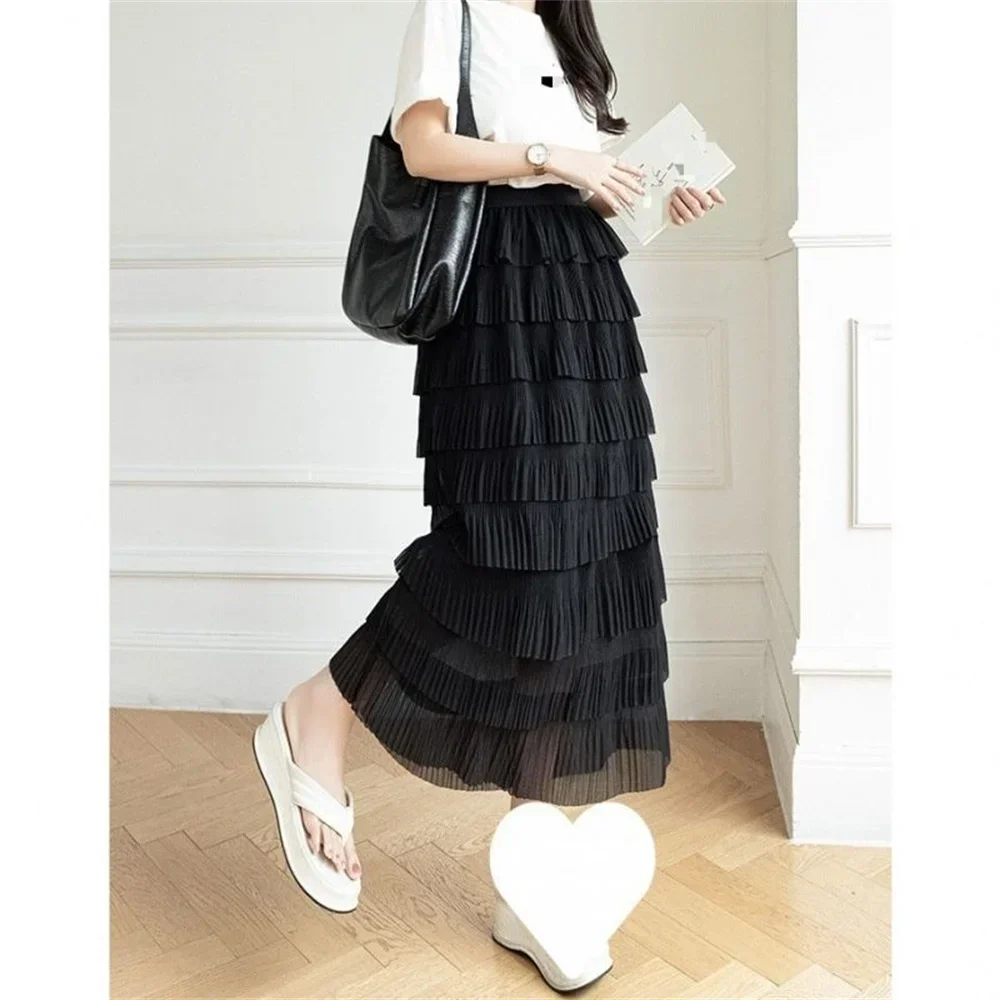 Women's Slimming Midi-length Skirt Elastic High Waist Chiffon Patchwork Layered Cake Skirt A-line Mini Skirt Oversized Skirts