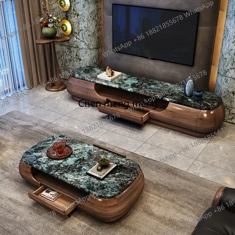 Black gold wood coffee table TV cabinet combination living room black walnut solid wood floor-to-ceiling cabinet