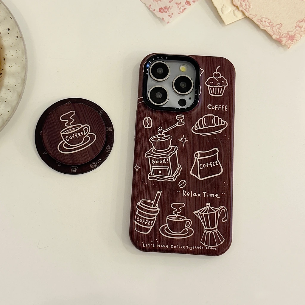 الرجعية خطوط بنية القهوة الكرواسون نمط خشبي مع حامل المغناطيسي غطاء الهاتف القضية آيفون 17 16 15 14 برو ماكس #3