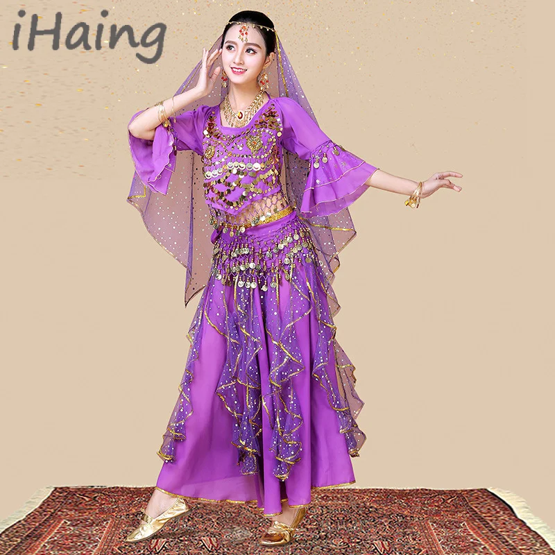 

Women Belly Dance Outfit Chiffon Coins Top Glitter Skirts Headdress Necklace Hip Scarf Bracelet Set Halloween Bollywood Costume
